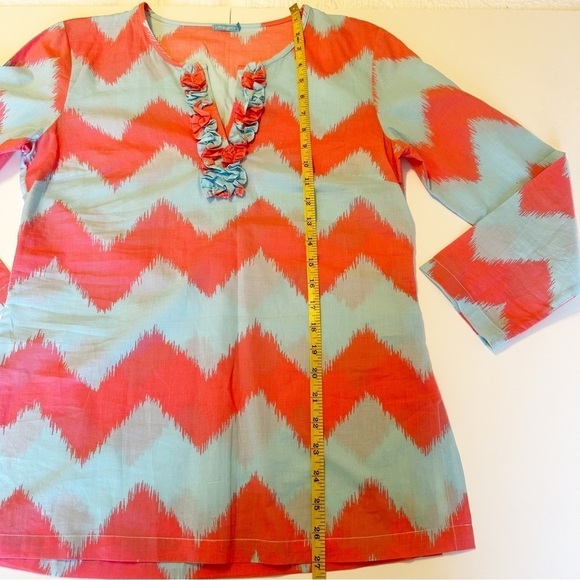 J. McLaughlin Cotton Ruffle Neck Coral and Blue Top - XS - Picture 10 of 11